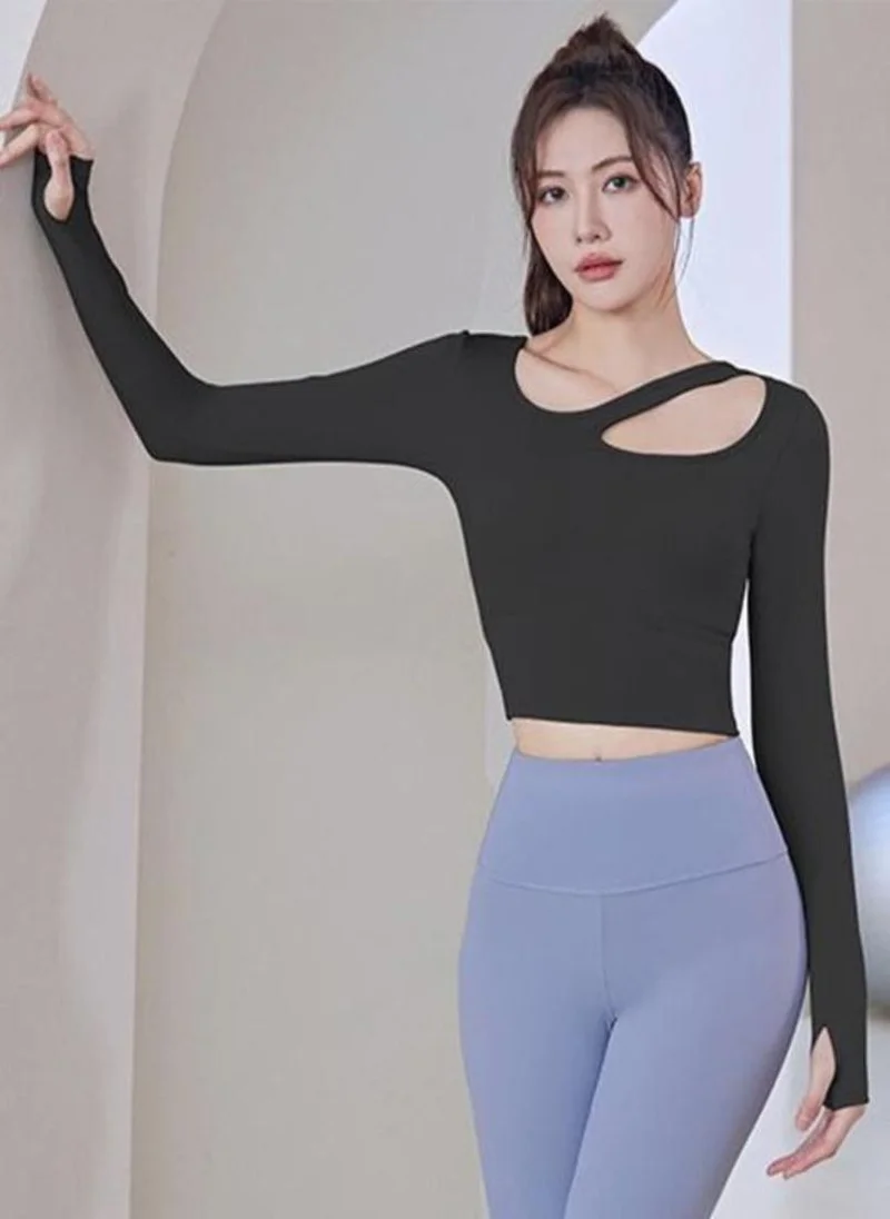 YUNIQEE Black Fitted Solid Long Sleeves Sports Top