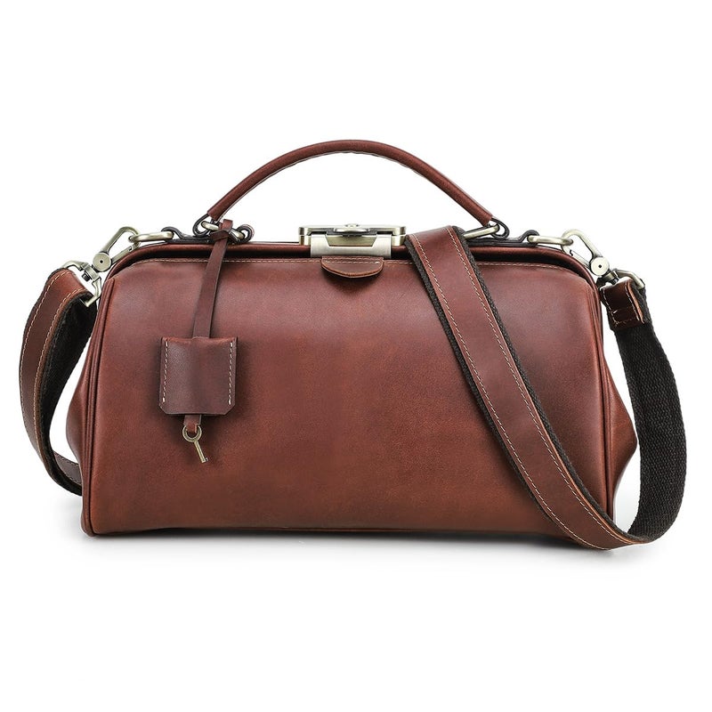 CONTACTS Full Grain Leather Doctor Bag Purse for Women Handbag with Lock Shoulder Bag Vintage Top Handle Satchel with Metal Clasp Frame Opening