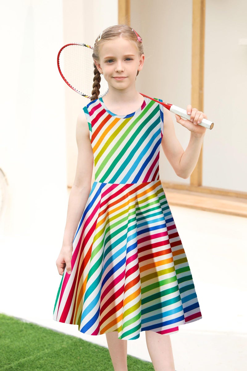 uideazone Girls Rainbow Striped Maxi Sleeveless Dress for Casual/Party Summer 6-7 Years - Image 2