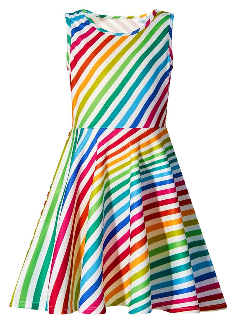 uideazone Girls Rainbow Striped Maxi Sleeveless Dress for Casual/Party Summer 6-7 Years - Image 1