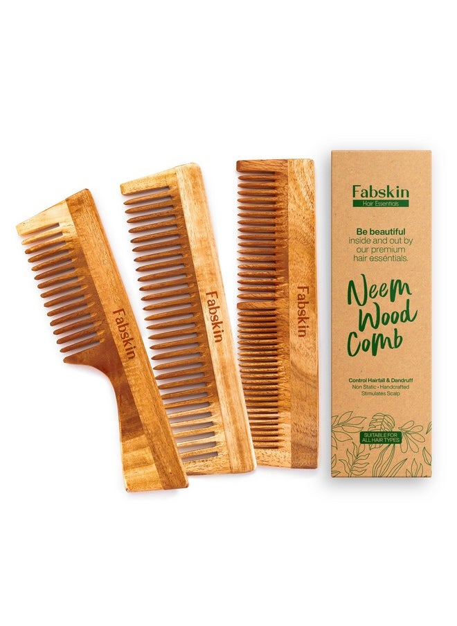 Fabskin Neem Wooden Comb For Men & Women | Set Of 3 | Detangling, Frizz Control & Shine | For All Hair Types  - Image 1
