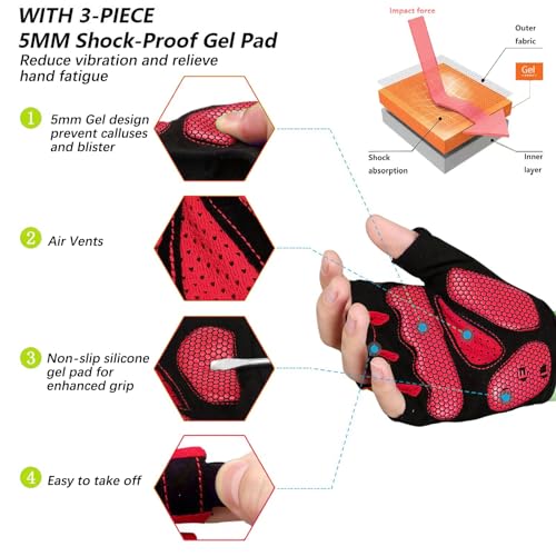 MOREOK Cycling Gloves Bike Gloves for Men/Women-[5MM Gel Pad] Half Finger Bicycle Biking Gloves for Cycling/Weight Lifting/Gym/Motorcycle/Rowing/Outdoor Sports-050-RED-M - Image 2