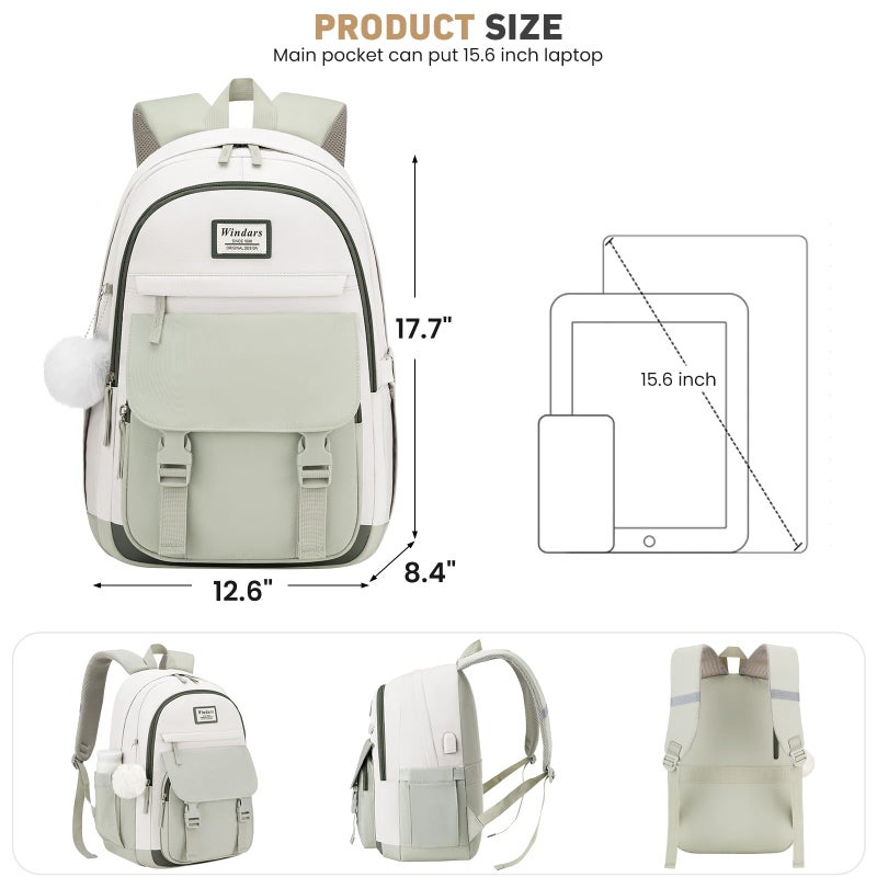 WINDARS School Backpack for Teen Girls, Cute College Backpacks for Women Students Aesthetic Bookbag Large 15.6 Inch Laptop Bag Middle School Travel Back Pack (Beige-Green-Dark Olive Green) - Image 3