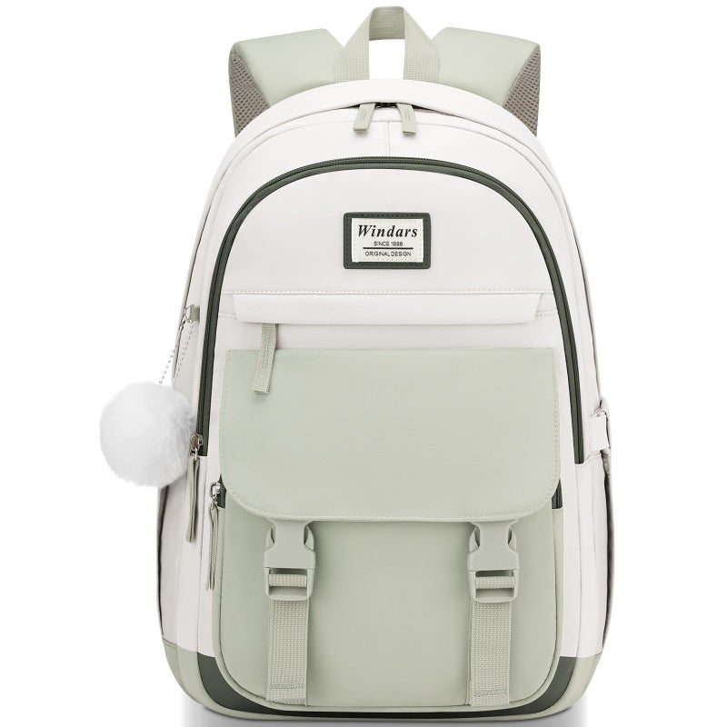 WINDARS School Backpack for Teen Girls, Cute College Backpacks for Women Students Aesthetic Bookbag Large 15.6 Inch Laptop Bag Middle School Travel Back Pack (Beige-Green-Dark Olive Green) - Image 1