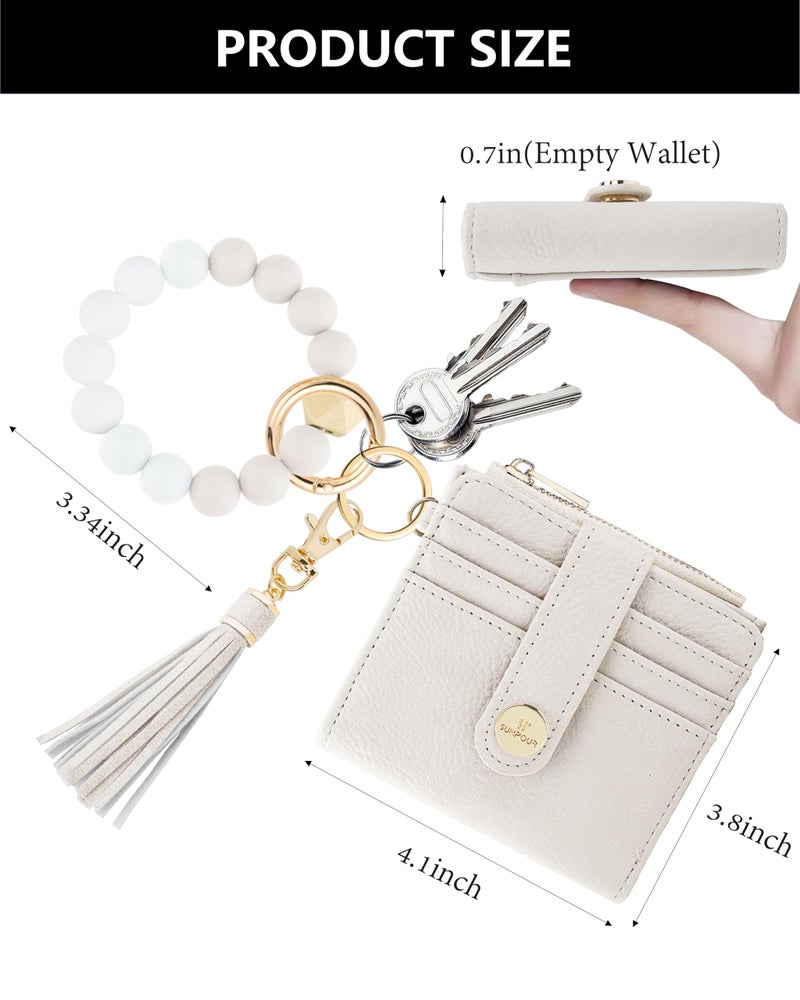 Sunpour Small Wristlet Wallets for Women Keychain Wristlet Wallet RFID Blocking Key Chain Wallet With Zipper Coin Pocket,2 Id Window (Beige) - Image 2