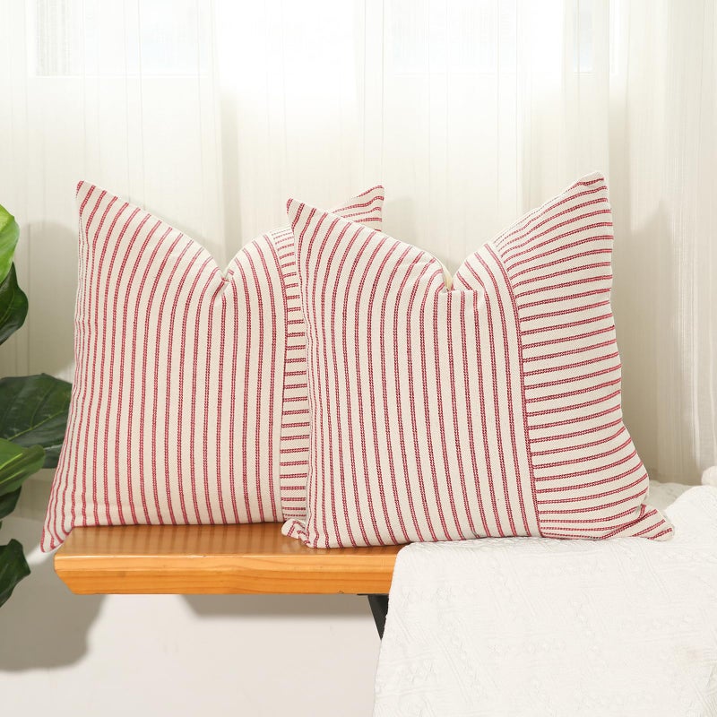 Hckot Christmas Farmhouse Pillow Covers 20x20 Red Throw Pillow Covers Set of 2 Striped Linen Decorative Pillows Cushion Covers for Couch Chair Beding Xmas Winter DecorationsRed