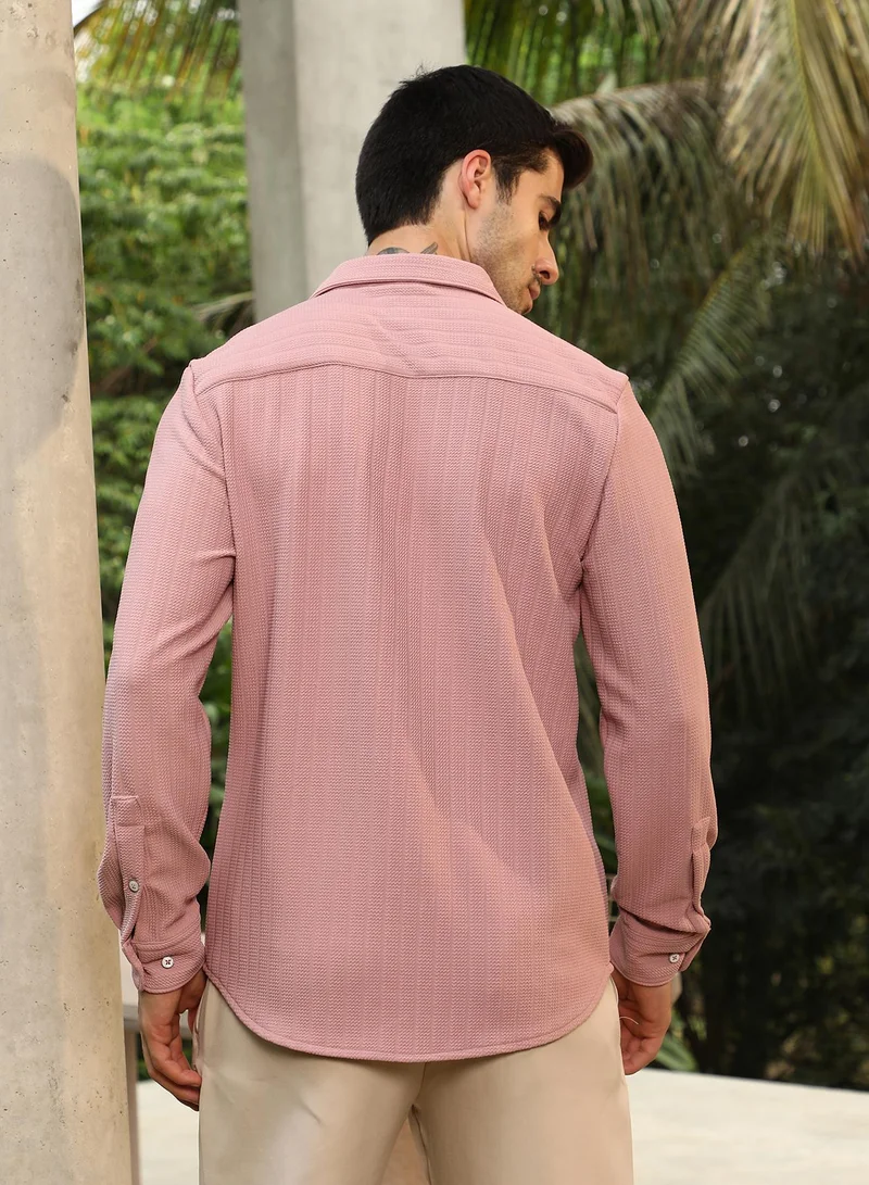 Campus Sutra Men's Powder Pink Chevron-Panel Tactile Shirt