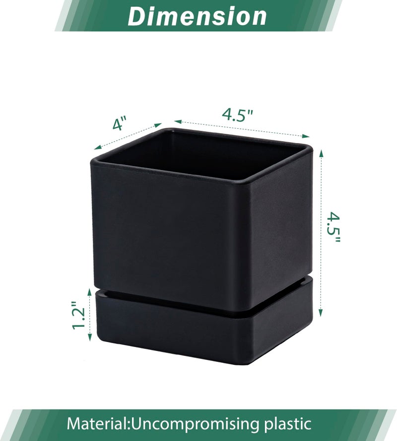 D'vine Dev 4 Inch Herb Planter Pot, Plastic Planter with Drainage Holes and Saucer, Modern Decorative Gardening Pot for Indoor Plants, Flowers, Herbs, Succulents, Black, Set of 1, 76-Y-B1-1 - Image 3