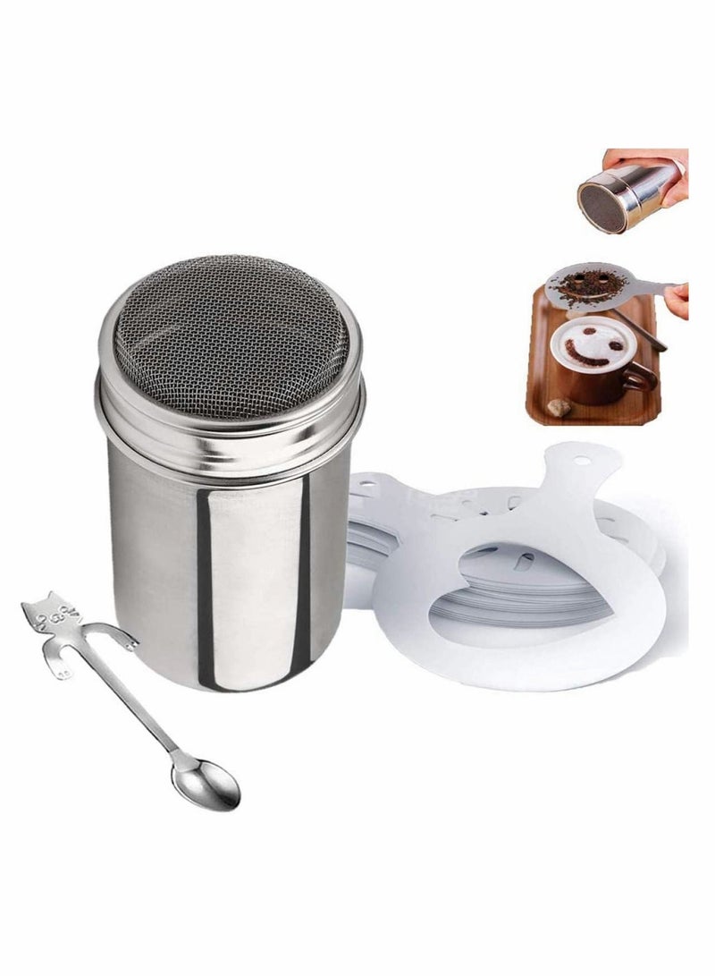 Chocolate Shaker Dusters Stainless Steel Mesh Powder for Icing Sugar Cocoa Cappuccino with Coffee Stencils, Kitchen, Drinks and Baking - Image 1