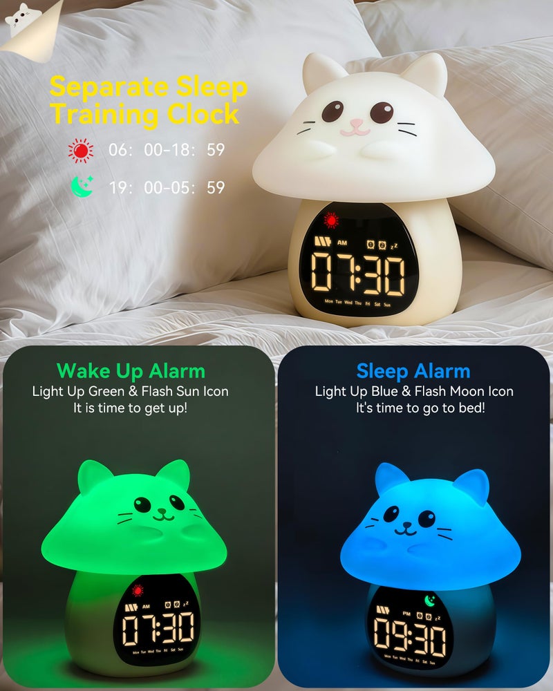 Yiliaw Sleep Training Alarm Clock with Night Light for Kids - Ok to Wake Clock with Dual Alarms, Night Light & RGB Colors, 6 Alarm Tones & White Noise, Rechargeable Clock for Boys & Girls, Cat - Image 3