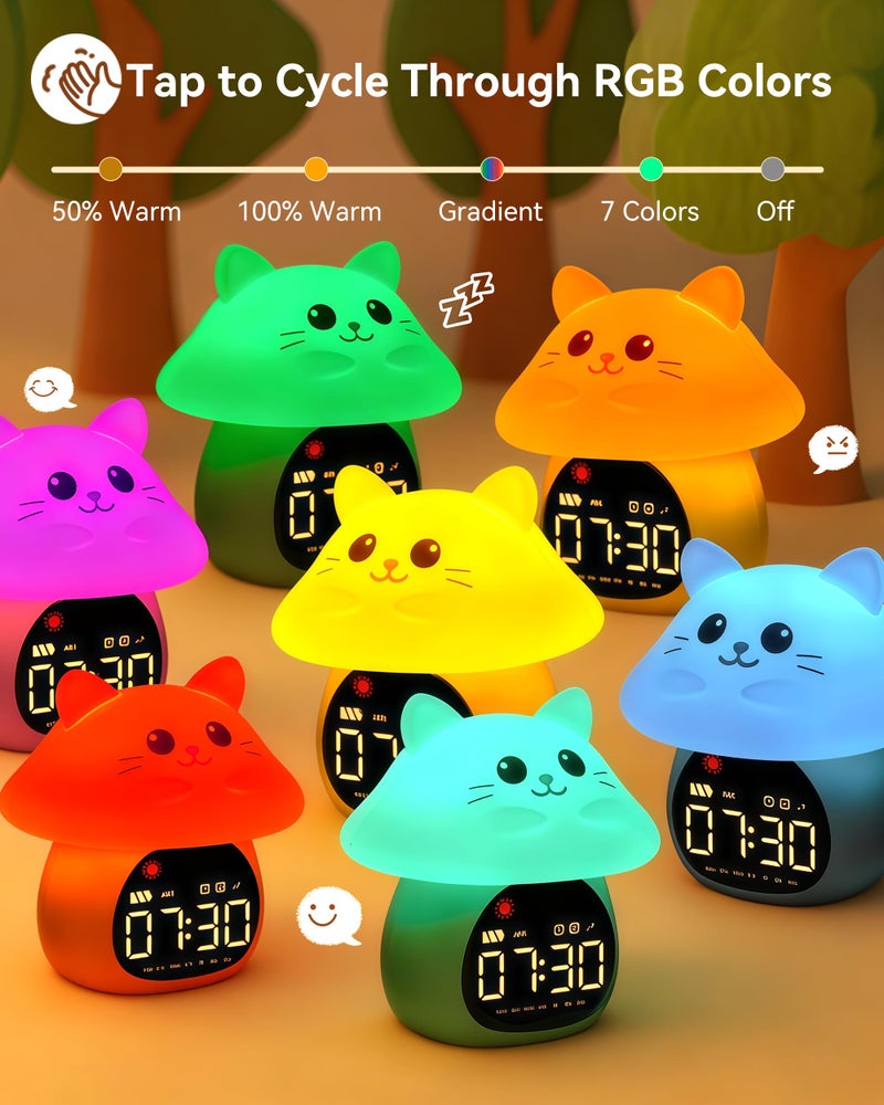 Yiliaw Sleep Training Alarm Clock with Night Light for Kids - Ok to Wake Clock with Dual Alarms, Night Light & RGB Colors, 6 Alarm Tones & White Noise, Rechargeable Clock for Boys & Girls, Cat - Image 5