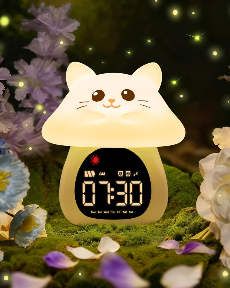 Yiliaw Sleep Training Alarm Clock with Night Light for Kids - Ok to Wake Clock with Dual Alarms, Night Light & RGB Colors, 6 Alarm Tones & White Noise, Rechargeable Clock for Boys & Girls, Cat - Image 1