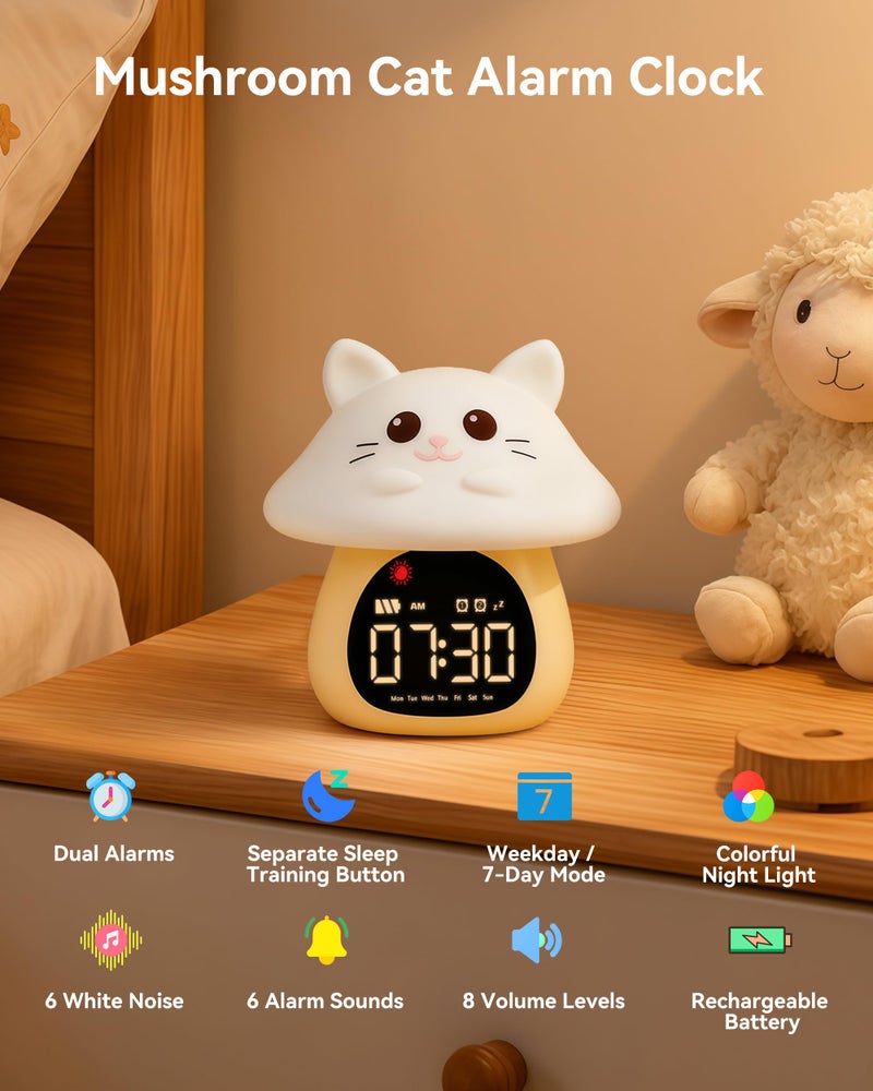 Yiliaw Sleep Training Alarm Clock with Night Light for Kids - Ok to Wake Clock with Dual Alarms, Night Light & RGB Colors, 6 Alarm Tones & White Noise, Rechargeable Clock for Boys & Girls, Cat - Image 2