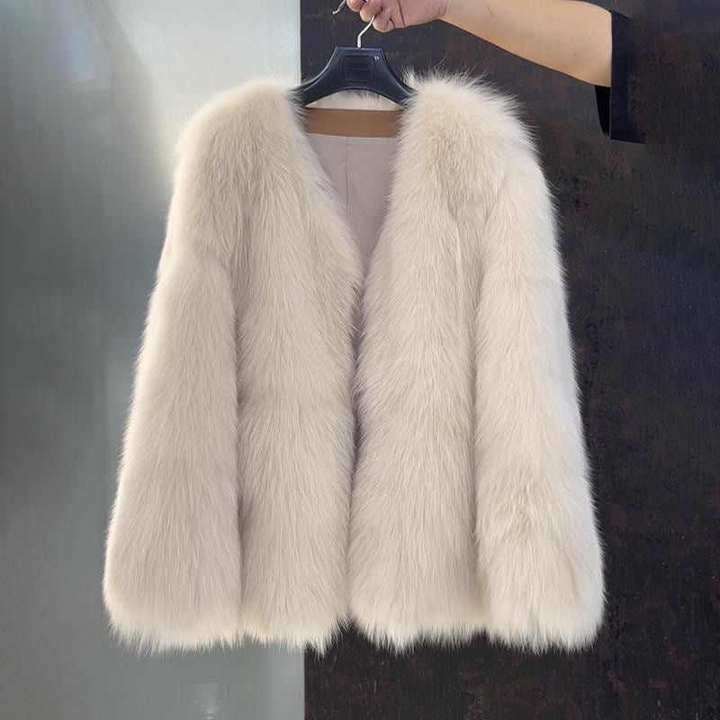 Leather Xiaoxiang Mid-length V-neck Simple Imitation Fox Fur Long Hair Coat for Women 2024 Winter Milk tea color (thickened after hard work) 