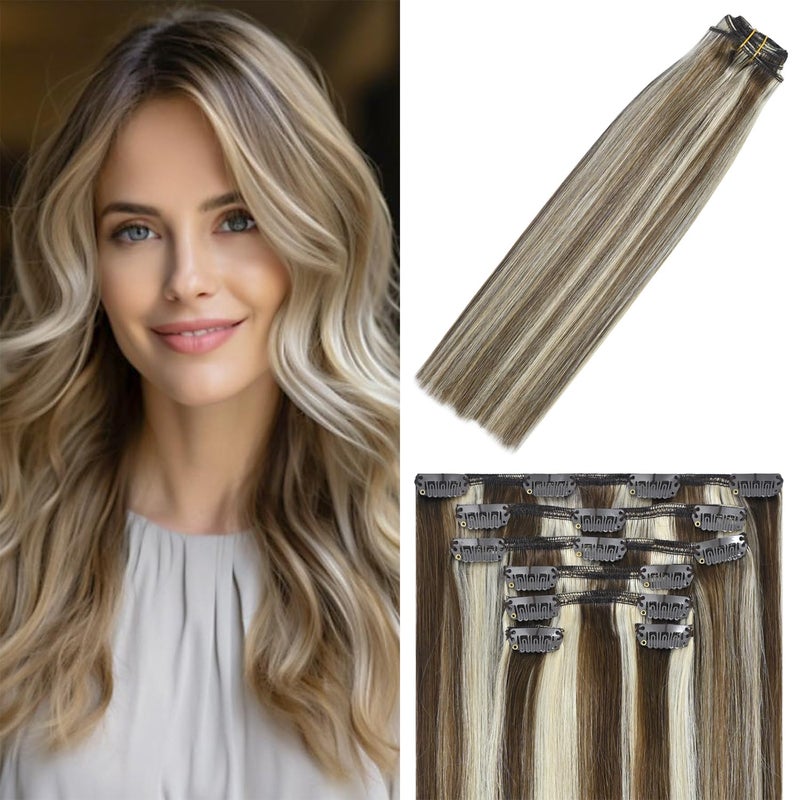 WindTouch Clip in Hair Extensions Medium Brown to Blonde Highlights For Women 20Inch Soft Human Remy Hair Extensions 9A Grade 4P613 75g 7PCS
