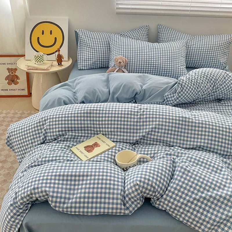 Nayoroom Blue Gingham Duvet Cover Queen Size Plaid Checkered Comforter Cover 3 Pieces Soft Lightweight Washed Microfiber Farmhouse Grid Dorm Bedding Set with Pillowcases - Image 1