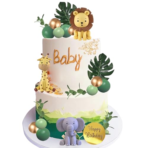 LEFUBABY 25 قطعة من زينة كعكة الحيوانات البرية مع كرات خضراء وأوراق النخيل لزينة حفلات عيد الميلاد وحفلات استقبال المواليد - Image 1