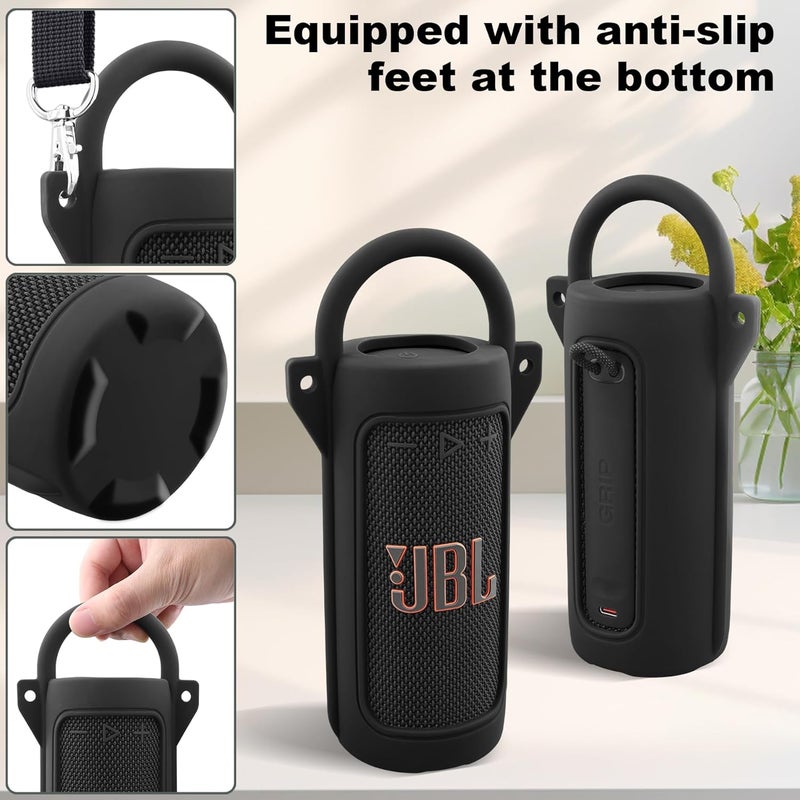 co2CREA Silicone Case for JBL Grip Portable Waterproof Speaker, Portable Travel Soft Cover with Shoulder Strap and Carabiner, Protective Skin Case (Black) - Image 4