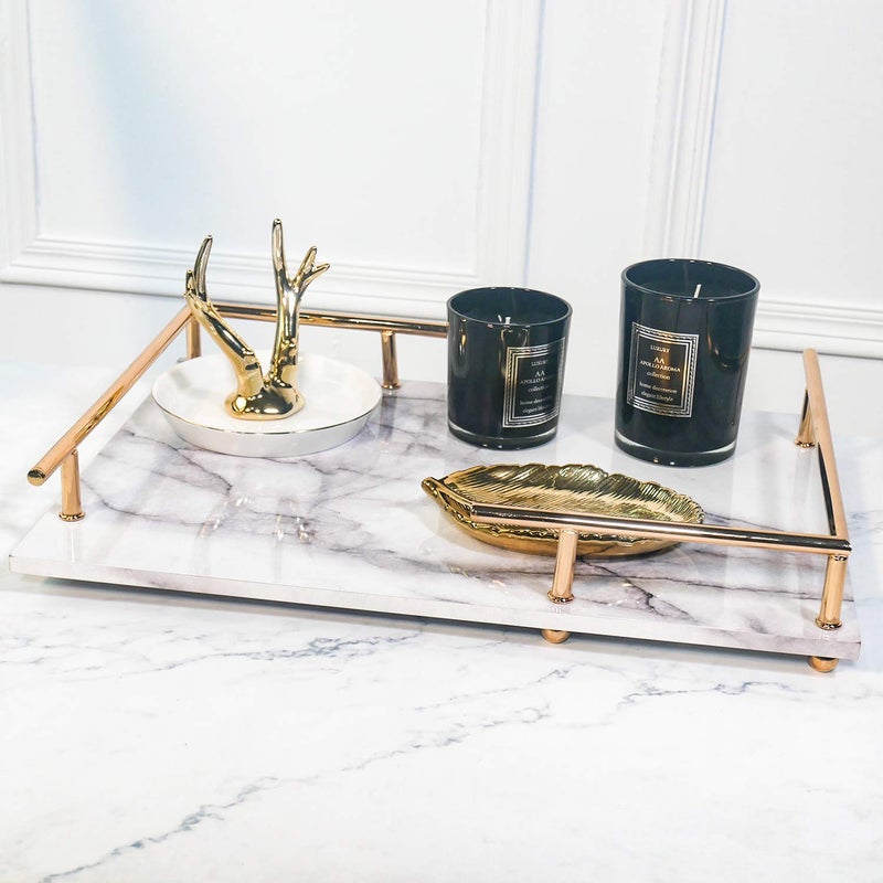 PuTwo Decorative Tray MDF Tray with Marble Print Handmade Vanity Tray Perfume Tray with Gold Metal Handle Trinket Tray Catchall Tray for Dresser Bathroom Vanity Table Gray and White - Image 2