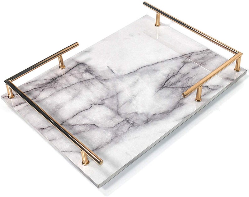 PuTwo Decorative Tray MDF Tray with Marble Print Handmade Vanity Tray Perfume Tray with Gold Metal Handle Trinket Tray Catchall Tray for Dresser Bathroom Vanity Table Gray and White - Image 1