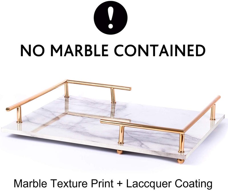 PuTwo Decorative Tray MDF Tray with Marble Print Handmade Vanity Tray Perfume Tray with Gold Metal Handle Trinket Tray Catchall Tray for Dresser Bathroom Vanity Table Gray and White - Image 3