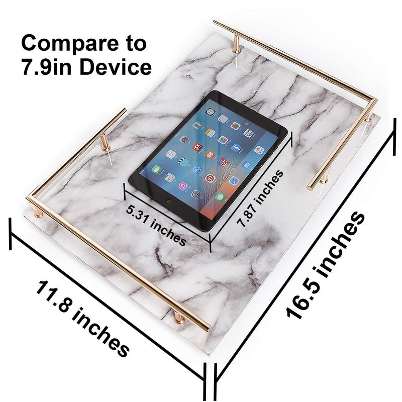 PuTwo Decorative Tray MDF Tray with Marble Print Handmade Vanity Tray Perfume Tray with Gold Metal Handle Trinket Tray Catchall Tray for Dresser Bathroom Vanity Table Gray and White - Image 4