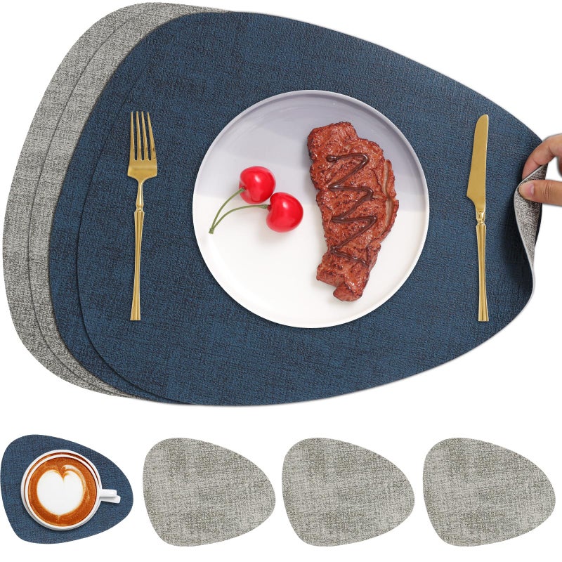 Chitomars Placemats and Coasters, Washable Reversible Placemats Round Faux Leather Wipeable Place Mats Non Slip Heat Resistant Indoor Outdoor Table Mats (Set of 4, Gray Blue) - Image 1