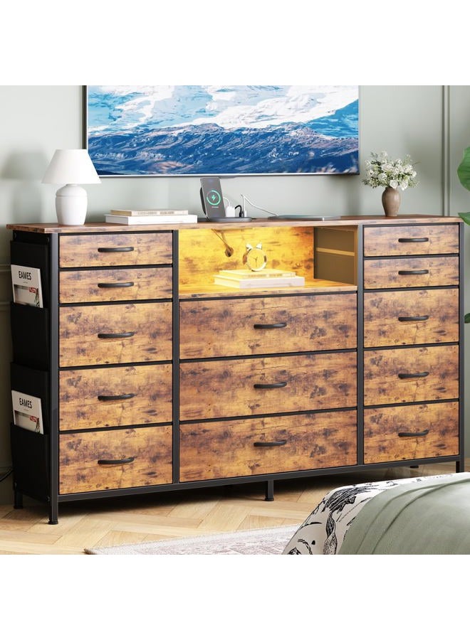 HCHQHS 47 Inch Dresser for Bedroom with 13 Drawers,Side Pockets Hooks and Lights with Remote Control,Living Room,Hallway,Closet,Kitchen,Large TV Stand (Rustic Brown) - Image 1
