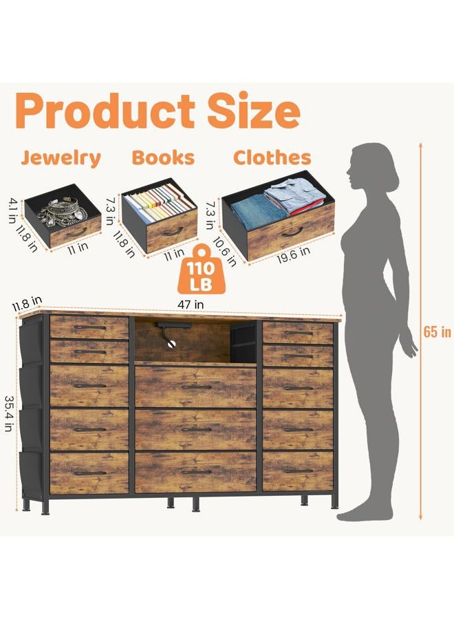 HCHQHS 47 Inch Dresser for Bedroom with 13 Drawers,Side Pockets Hooks and Lights with Remote Control,Living Room,Hallway,Closet,Kitchen,Large TV Stand (Rustic Brown) - Image 2