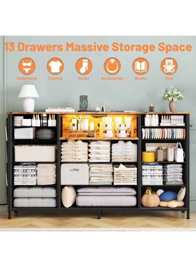 HCHQHS 47 Inch Dresser for Bedroom with 13 Drawers,Side Pockets Hooks and Lights with Remote Control,Living Room,Hallway,Closet,Kitchen,Large TV Stand (Rustic Brown) - Image 3