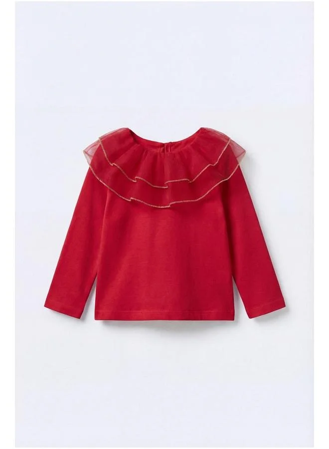 Magu Girls' Cotton Red Tulle Ruffle Collar Blouse - Gold Stripe Detail