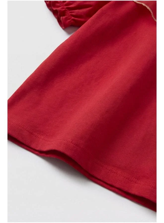 Magu Girls' Cotton Red Tulle Ruffle Collar Blouse - Gold Stripe Detail