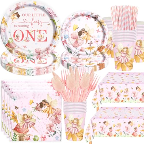 Fiesec Fairy First Birthday Supplies Tableware Set Floral Enchanted Themed 1st Birthday Party Decorations Our Little Fairy is Turning One Flower Garden Party Supplies for One Year Old Girl Pink - Image 1