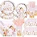 Fiesec Fairy First Birthday Supplies Tableware Set Floral Enchanted Themed 1st Birthday Party Decorations Our Little Fairy is Turning One Flower Garden Party Supplies for One Year Old Girl Pink - Image 3