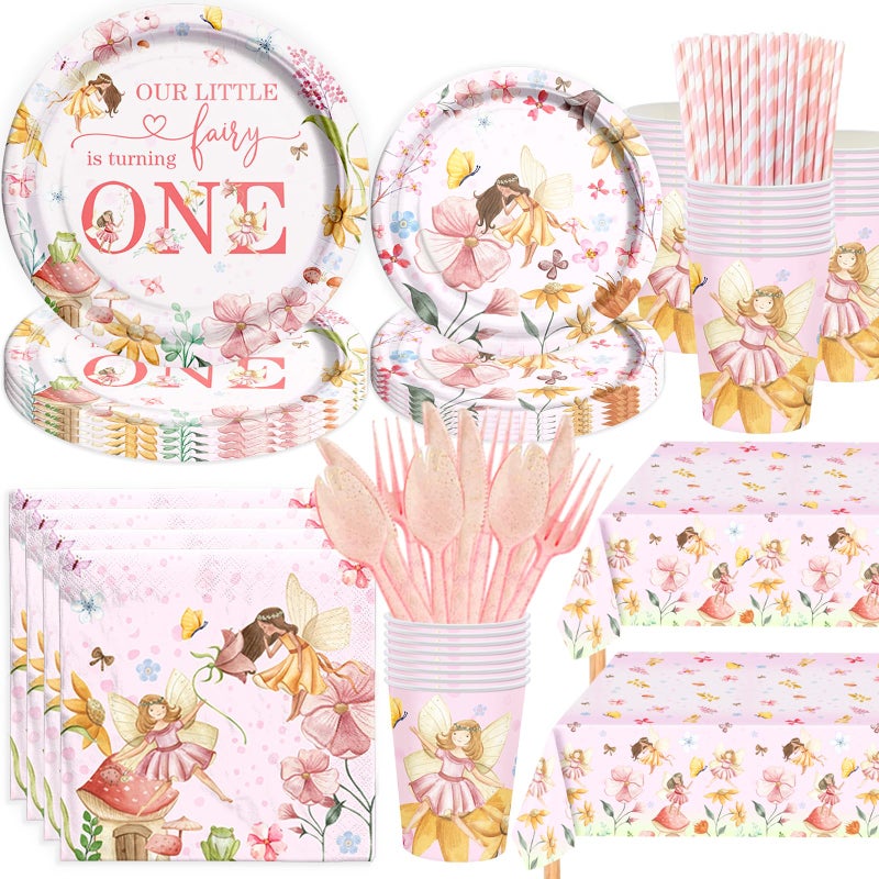Fiesec Fairy First Birthday Supplies Tableware Set Floral Enchanted Themed 1st Birthday Party Decorations Our Little Fairy is Turning One Flower Garden Party Supplies for One Year Old Girl Pink - Image 2