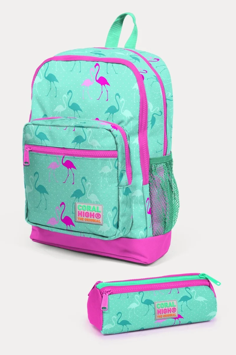CORAL HIGH Kids Water Green Neon Pink Flamingo Patterned 2-Piece School Bag Set SET0223111