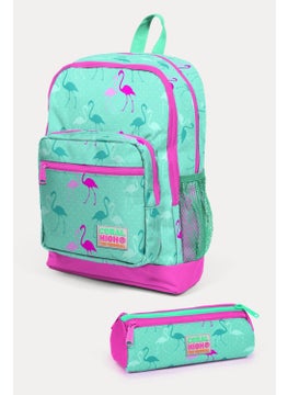 CORAL HIGH Kids Water Green Neon Pink Flamingo Patterned 2-Piece School Bag Set SET0223111  - Image 1