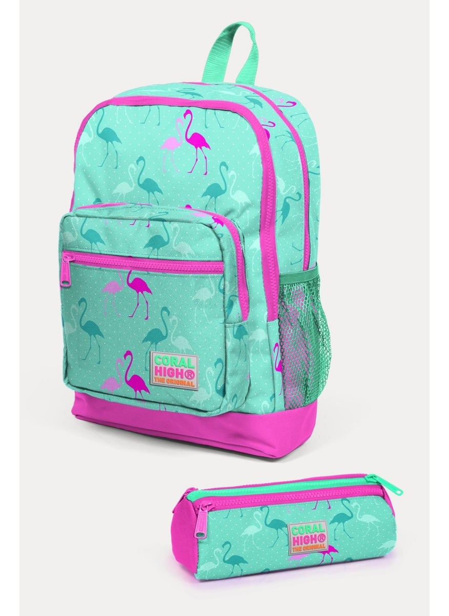 CORAL HIGH Kids Water Green Neon Pink Flamingo Patterned 2-Piece School Bag Set SET0223111  - Image 1