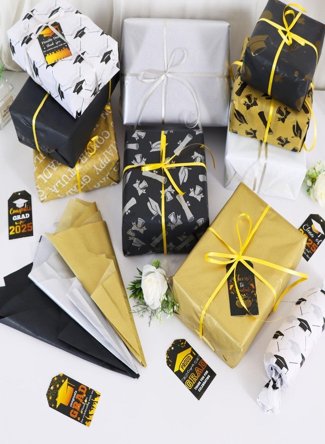 BEISHIDA 90 Sheets Graduation Tissue Paper Bulk, Black&Gold Wrapping Tissue Paper for Gift Bags, 14 x 20 Inch Gift Wrap for Graduation Party Decoration(9 Patterns - Image 2