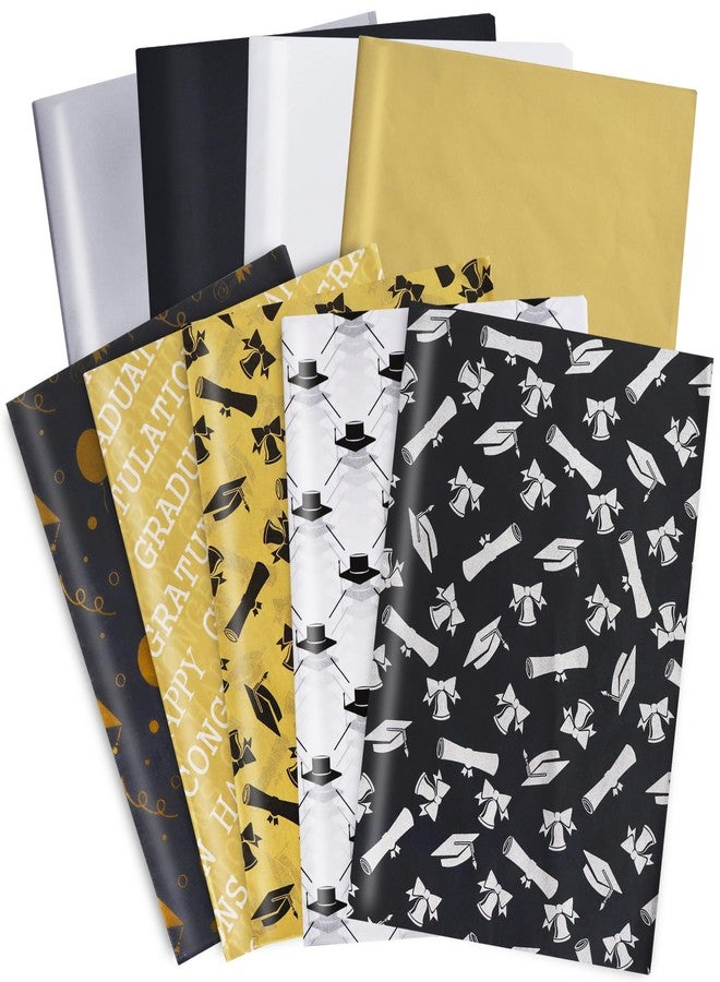 BEISHIDA 90 Sheets Graduation Tissue Paper Bulk, Black&Gold Wrapping Tissue Paper for Gift Bags, 14 x 20 Inch Gift Wrap for Graduation Party Decoration(9 Patterns - Image 1