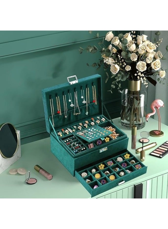3-Tier Jewelry Box with 2 Drawers and Lock for Storage of Earrings, Bracelets, Rings, Necklaces, Watches - Green - Image 4