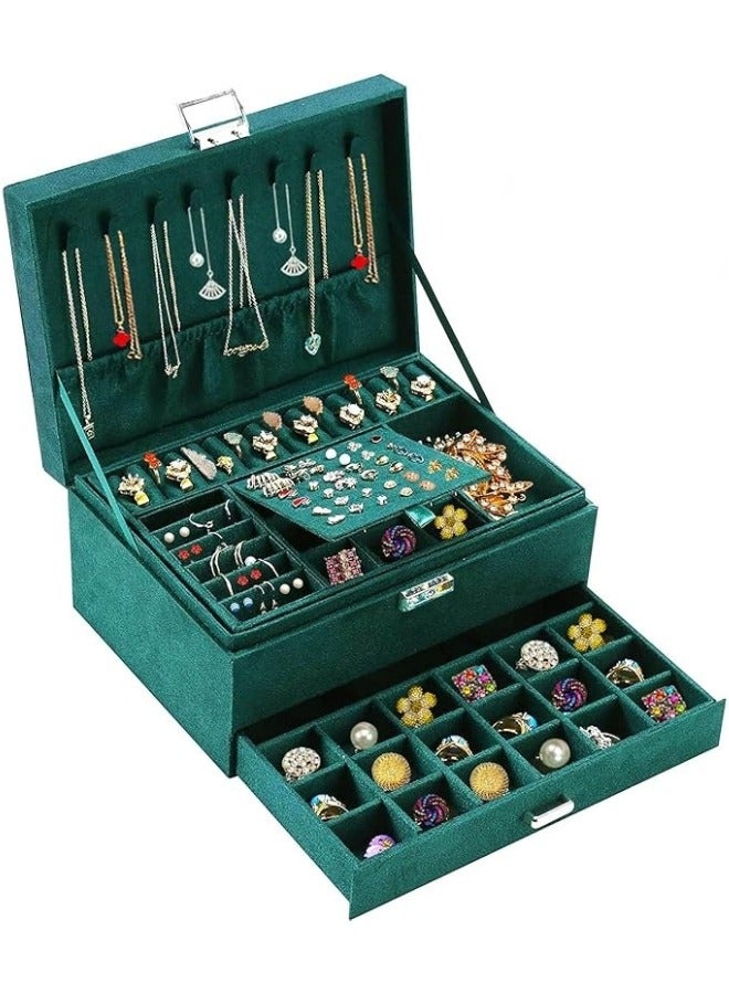 3-Tier Jewelry Box with 2 Drawers and Lock for Storage of Earrings, Bracelets, Rings, Necklaces, Watches - Green - Image 1