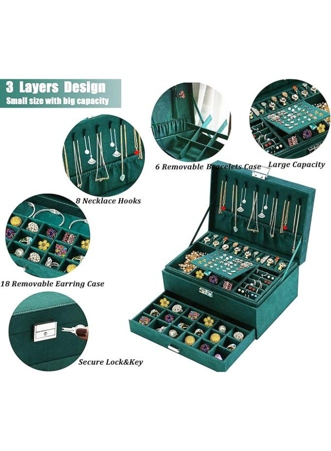 3-Tier Jewelry Box with 2 Drawers and Lock for Storage of Earrings, Bracelets, Rings, Necklaces, Watches - Green - Image 2