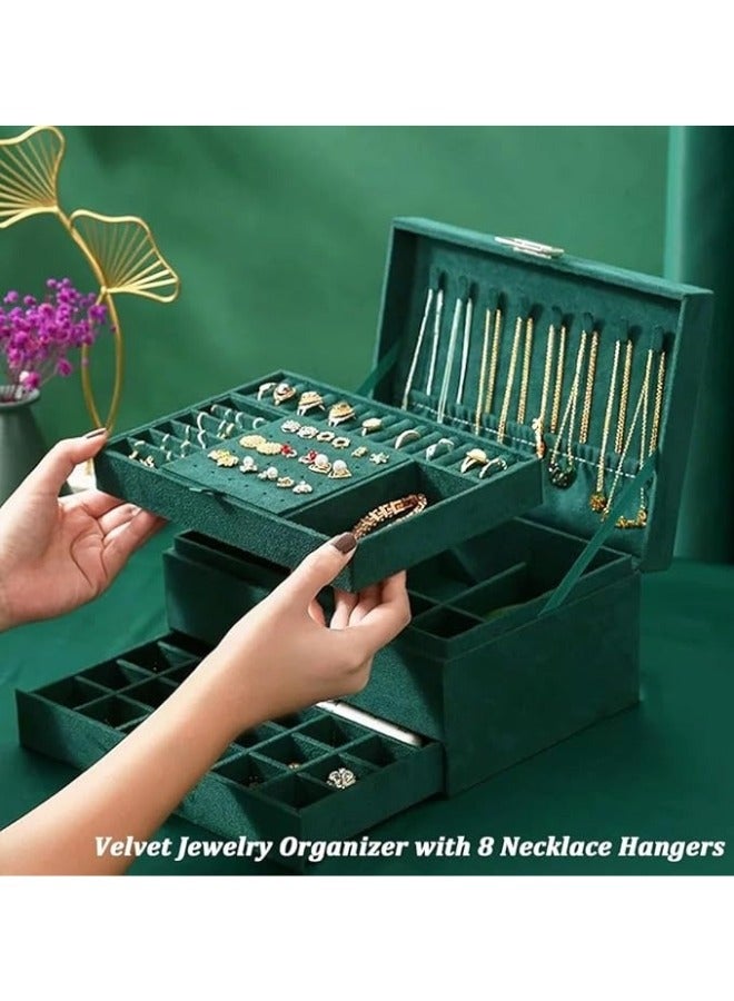 3-Tier Jewelry Box with 2 Drawers and Lock for Storage of Earrings, Bracelets, Rings, Necklaces, Watches - Green - Image 5