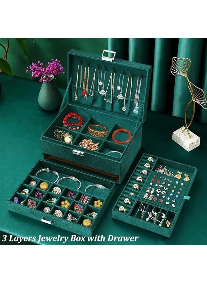 3-Tier Jewelry Box with 2 Drawers and Lock for Storage of Earrings, Bracelets, Rings, Necklaces, Watches - Green - Image 3
