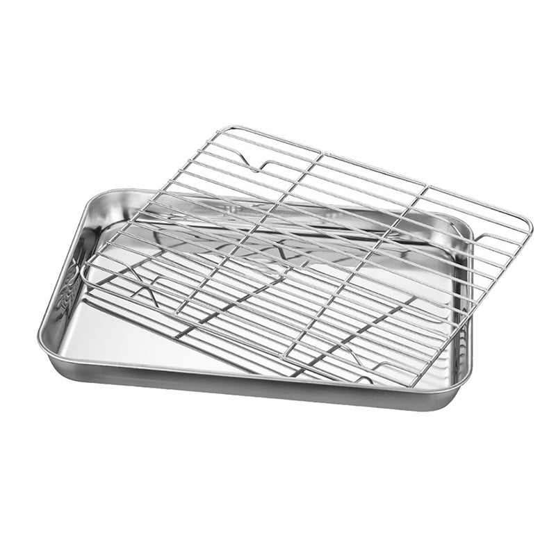 Stainless Steel Flat Bottom Baking Tray with Mesh Set Square Barbecue Plate with Cooling Rack Drip Pan Baking Plate Barbecue Tray Bakeware (26*20*2.5cm) - Image 1