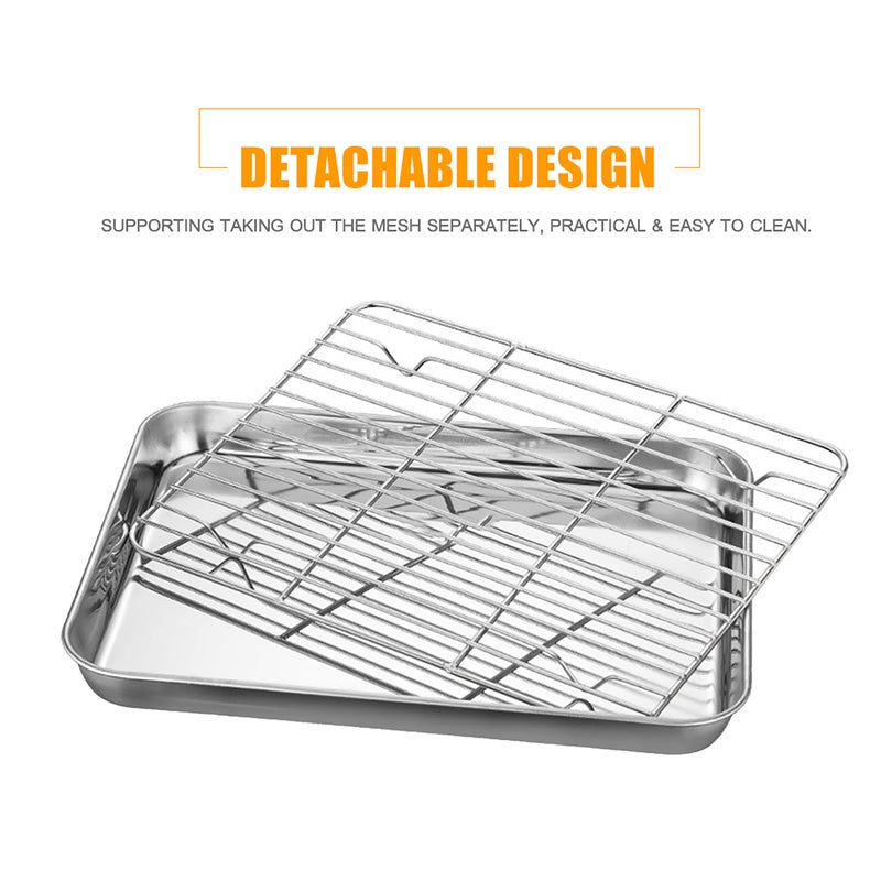 Stainless Steel Flat Bottom Baking Tray with Mesh Set Square Barbecue Plate with Cooling Rack Drip Pan Baking Plate Barbecue Tray Bakeware (26*20*2.5cm) - Image 5