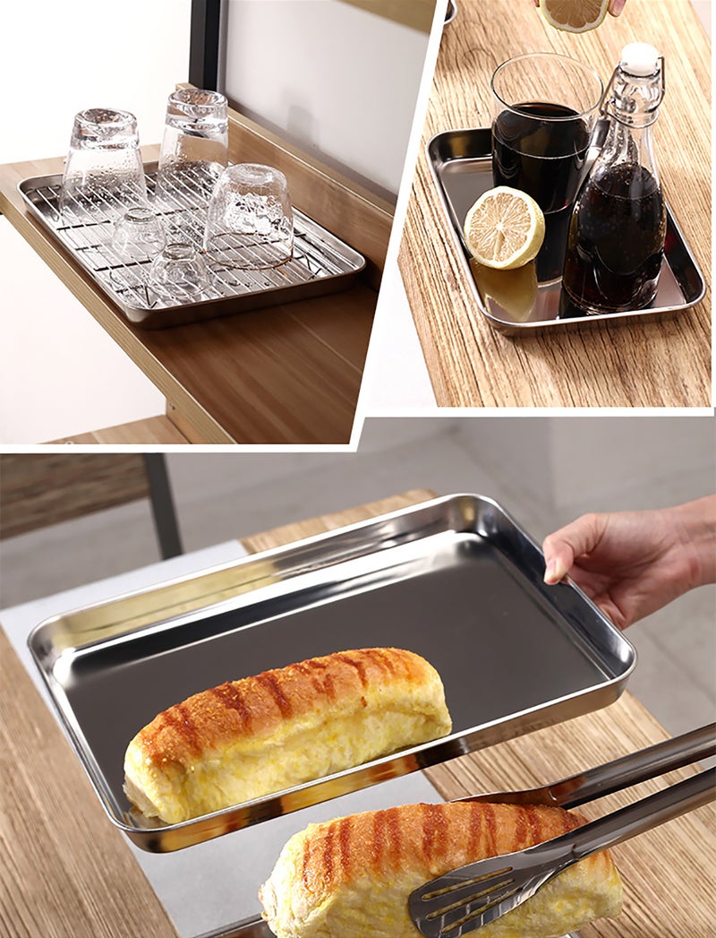 Stainless Steel Flat Bottom Baking Tray with Mesh Set Square Barbecue Plate with Cooling Rack Drip Pan Baking Plate Barbecue Tray Bakeware (26*20*2.5cm) - Image 2
