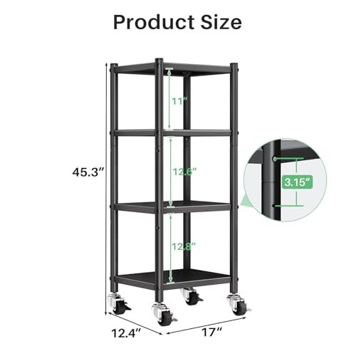 PXRACK Storage Shelves with Rolling Wheels, Adjustable 4 Tier Metal Shelving Unit for Storage Heavy Duty, Small Storage Rack Shelf for Corner of The Kitchen Bathroom Living Room Garage Office, Black - Image 2