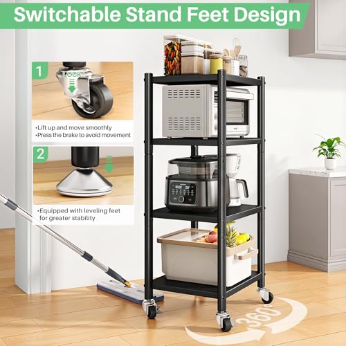 PXRACK Storage Shelves with Rolling Wheels, Adjustable 4 Tier Metal Shelving Unit for Storage Heavy Duty, Small Storage Rack Shelf for Corner of The Kitchen Bathroom Living Room Garage Office, Black - Image 5